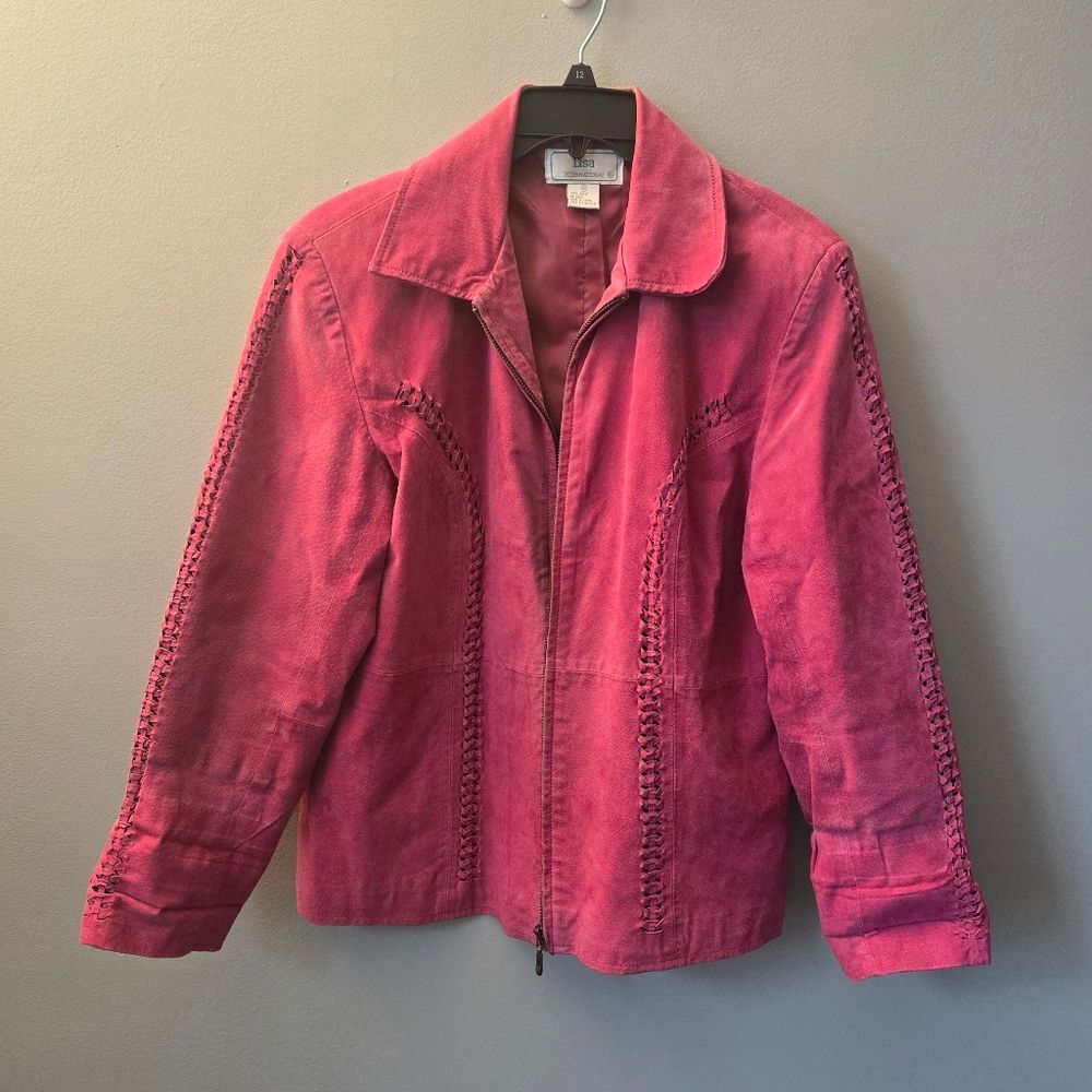 Lisa International Women's 100% Suede Leather Braided Pink Jacket
